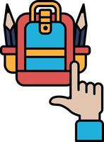 A backpack with pencils and pens is being pointed at by a hand vector