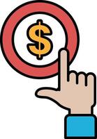 A hand pointing to a red circle with a dollar sign in the middle vector