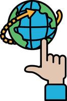 A hand pointing at a globe with an arrow pointing to the right vector
