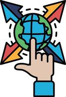 A hand pointing at a globe with arrows pointing in different directions vector