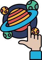 A hand pointing at a colorful planet with a blue circle in the middle vector