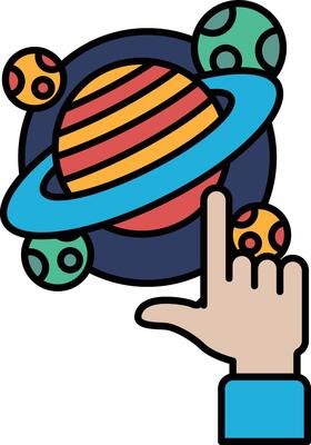 A hand pointing at a colorful planet with a blue circle in the middle