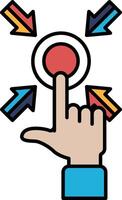 A hand pointing to a red button with arrows pointing in different directions vector