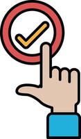 A hand pointing to a red circle with a check mark in the middle vector
