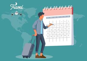 A man carries a suitcase and writes down the travel dates on a calendar. vector