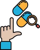 A hand pointing to a pill bottle with a magnifying glass vector