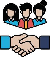 A hand shaking another hand with a group of people in the background vector