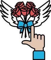 A hand pointing at a bouquet of red roses vector