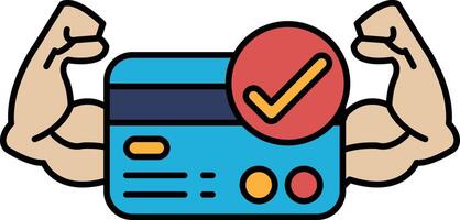 A credit card with a red check mark on it is being held up by a man with bulging vector