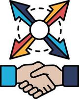 A handshake between two people with arrows pointing in different directions vector