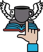 A hand pointing at a book with wings on top of it vector