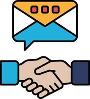 A hand shaking another hand with a large envelope in the background vector