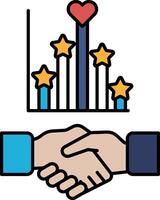 A graphic of two hands shaking with a heart and stars above them vector