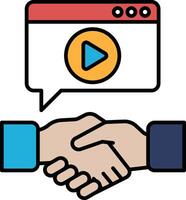 A hand shake between two people with a screen behind them that says play vector