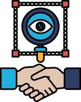 A picture of two hands shaking with a magnifying glass in the middle vector