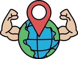 A cartoon of a man with his arms raised and a red pin on a globe vector