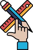 A hand is pointing at a pencil and a ruler vector
