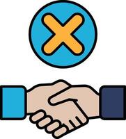 A hand shaking another hand with a blue and yellow X in the middle vector