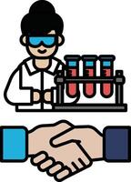 A woman in a lab coat is shaking hands with another person vector