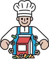 A cartoon chef is holding a box of cereal and smiling vector