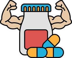 A cartoon of a man with bulging muscles holding a bottle of pills vector