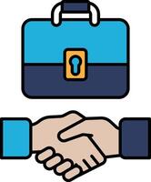 A blue briefcase with a key on it and a handshake between two people vector