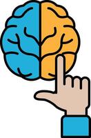 A hand pointing at a brain with a blue and orange line dividing it vector