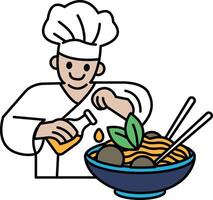 A chef is making a bowl of noodles with a bottle of sauce vector