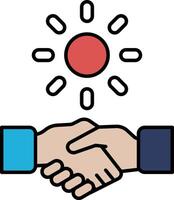 Two hands shaking in a circle with a red sun in the middle vector