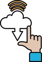 A hand pointing to a cloud with a downward arrow vector