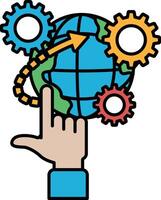 A hand pointing at a globe with gears on it vector