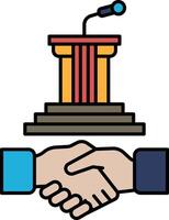 A hand shaking another hand in front of a podium vector