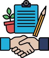 A handshake between two people is shown with a pencil and a piece of paper vector