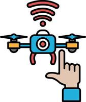 A hand pointing at a blue drone with a camera on it vector