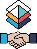 A hand shaking another hand with a logo in the background vector