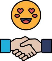 A smiling face with a heart on it is surrounded by two hands shaking vector