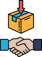 A box with a red arrow pointing down is being opened by two people shaking hands vector