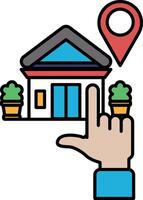 A hand pointing to a house with a red dot on it vector