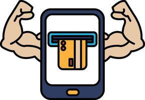 A man with bulging muscles is holding a cell phone that has a credit card on it vector
