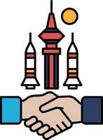 A hand shaking another hand in front of a building with rockets vector