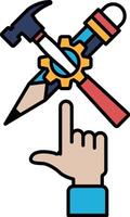A hand pointing to a hammer, pencil, and wrench vector