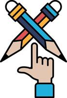 A hand pointing at two pencils, one of which is red and the other is blue vector