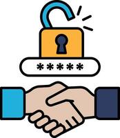 A man and a woman shaking hands with a lock on the table vector