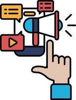 A hand pointing to a large speaker with a red, blue and yellow background vector