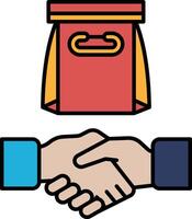 A red bag with a red handle is shown with two hands shaking vector