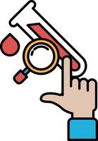 A hand pointing at a blood test tube with a magnifying glass vector