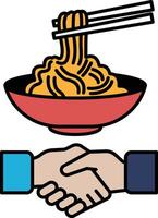 A bowl of noodles with chopsticks in it is shown with two hands shaking hands vector