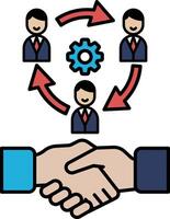 A hand shaking a person's hand with a gear in the background vector