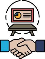 A hand shaking another hand in front of a table with a picture of a pie chart on vector
