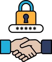 A man and a woman shaking hands with a lock on the background vector